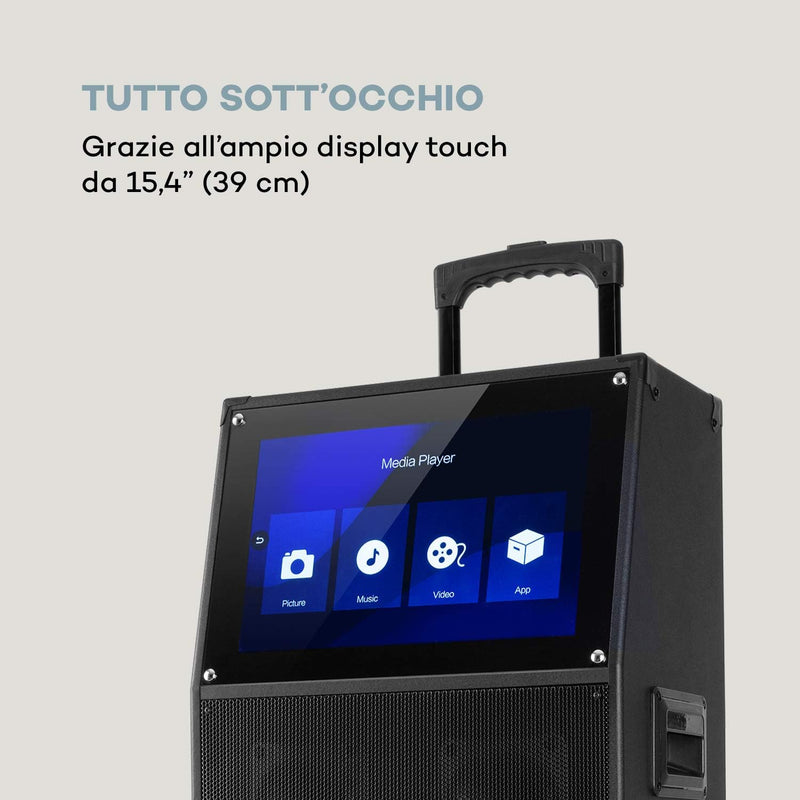 Pro KTV - Cassa Karaoke, Con 2 Microfoni UHF Senza Fili, Display Touch, Wifi, Bluetooth, 2X Porte USB, SD & Micro-Sd, HDMI, AUX, Batteria, Presa Trolley, Eco, Telecomando, 2 Prese Di Trasporto