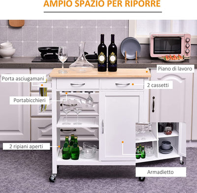 Carrello Da Cucina Classico Con Cassetti E Ruote in Legno Salvaspazio 89X40X84Cm