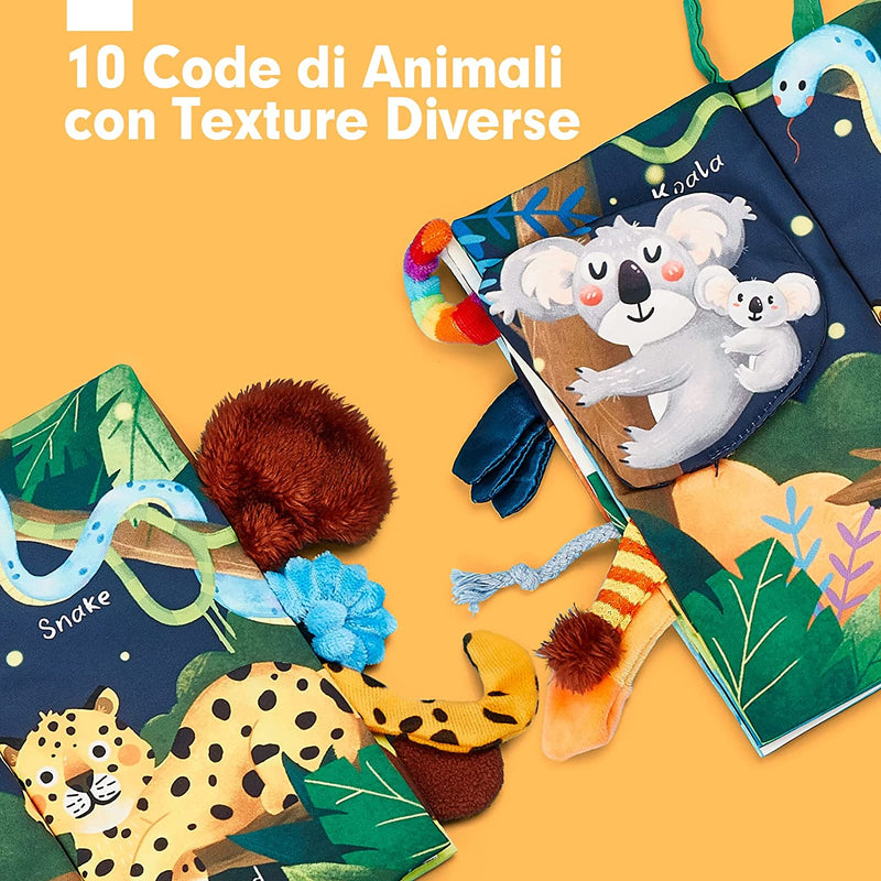 Libri Di Stoffa per Neonati 0 3 6 Mesi, Libro Sensoriali Con 10 Code Della Giungla, Giochi Da Passeggino Libro Interattivo per Tummy Time