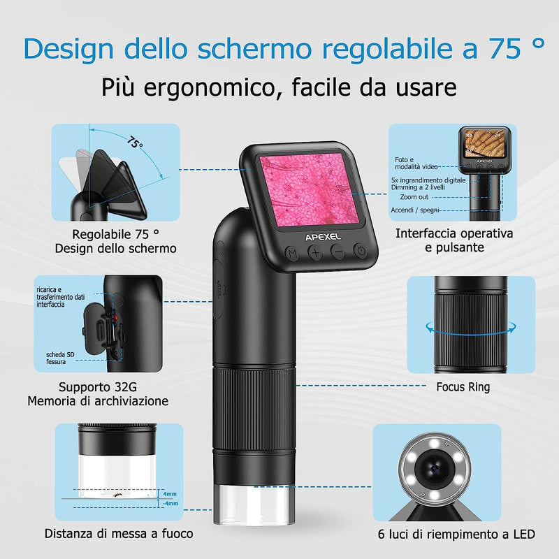 Microscopio Digitale Palmare LCD, Microscopio Portatile Tascabile 800X Con Luci a LED Microscopio Elettronico Con Lente D&