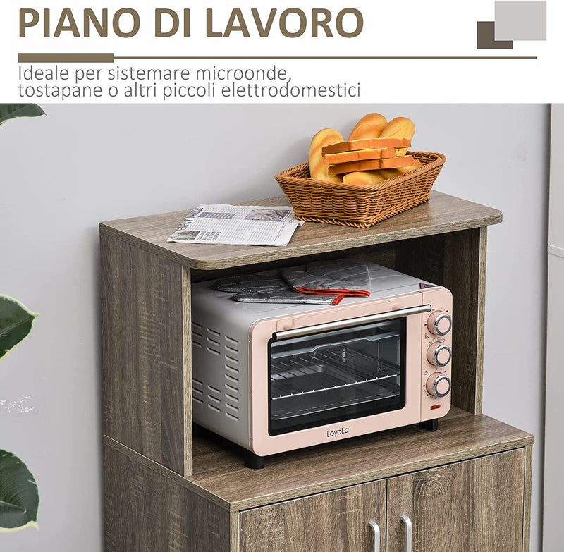 Mobile Cucina Multiuso Con 4 Ruote, Armadietto Con Ripiano per Microonde in Legno Truciolare, 60.4X40.3X97Cm, Color Legno