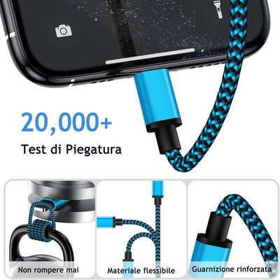 Cavo Iphone [2 Metri 3Pezzi] Cavo Lightning Usb Certificato Mfi Cavetto Iphone Filo Caricatore Carica Rapida Caricabatterie Nylon per Iphone 14 13 Pro Max 12 11 XR XS X 8 7 6S 6 plus SE Ipad Airpods