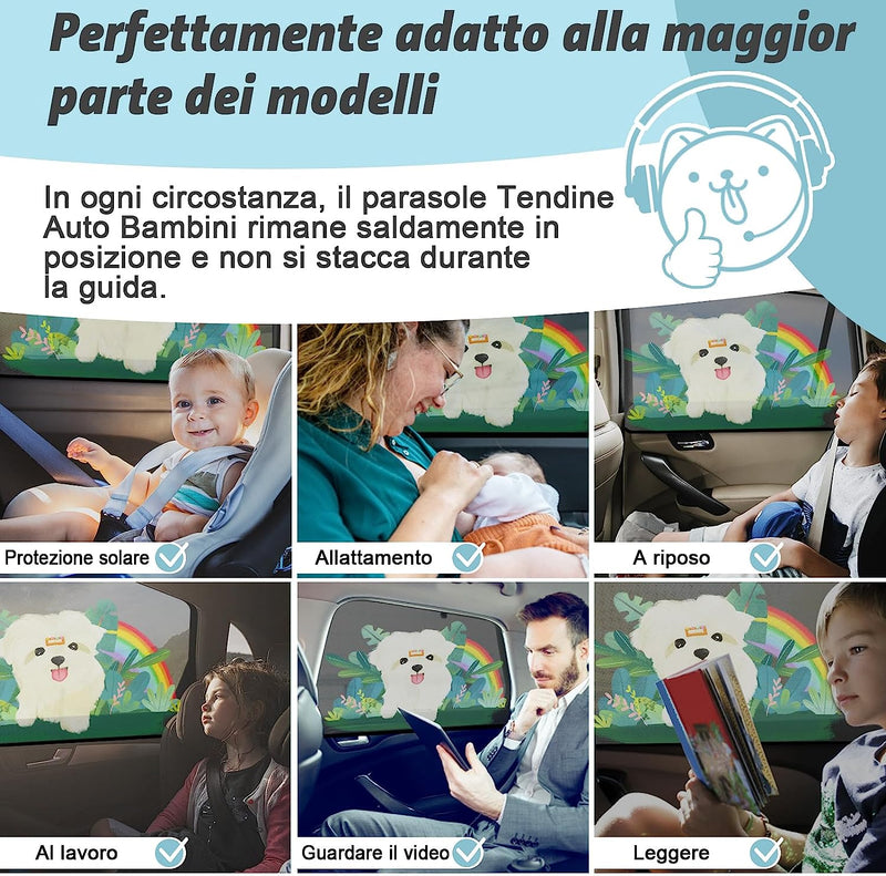 Tendine Parasole Auto Bambini,Oscuranti Misura Universale Senza Ventose Esterne Protezione Neonati Da Raggi UV Con Design a Cartoni Animati (Set 2 Pezzi) (L)