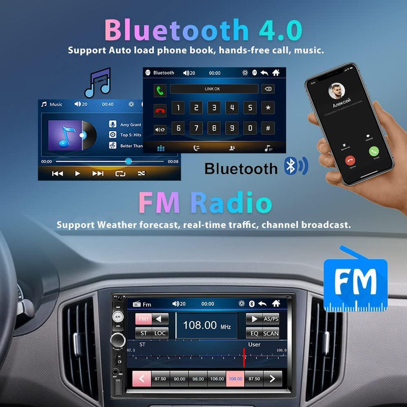 2 Din Autoradio Con Vivavoce Bluetooth 7 Pollici Stereo Auto Bluetooth Con Schermo Con Collegamento a Specchio/Fm/Aux/Con Controllo Al Volante + 12 Luci Telecamera Di Backup