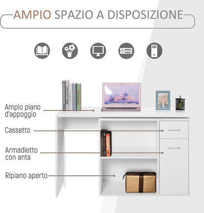 Scrivania Angolare Con Libreria Scaffale in Legno Bianco, Tavolo Da Pranzo per Computer Con Rotazione a 180°, 173X39.8X74 Cm