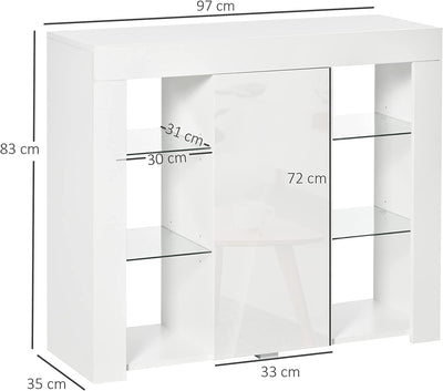 Credenza Moderna a Anta Con Luci LED E Mensole in Vetro, Mobile Multiuso in Legno Con Finitura Lucida, 97X35X83Cm, Bianco