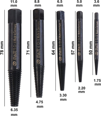 Estrattore Viti Danneggiate Rotazione a SINISTRA Set 5 Pz MADE in GERMANY in Acciaio Al Cromo Vanadio Temprato