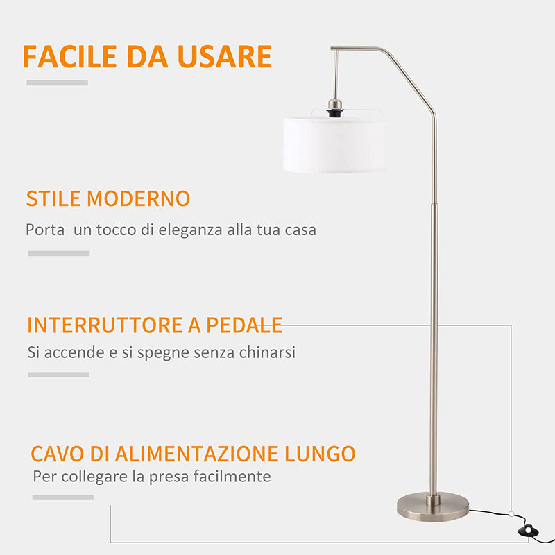 Lampada Da Terra Design Moderno per Casa Ufficio, Lampada a Piantana in Metallo Con Paralume in Tessuto Bianco