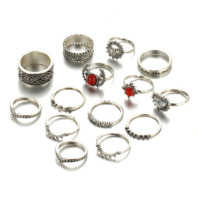 Foreign Trade Retro Silver Carved Joint Ring Red and White Turquoise 14 Piece Set Set Ring Female Jewelry Wholesale