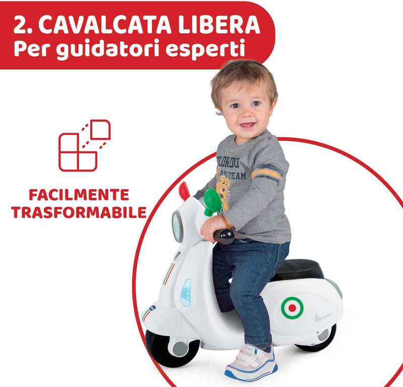 Vespa Primavera - Moto Giocattolo Cavalcabile Con Pannello Elettronico, Luci E Suoni, Ruote Di Supporto Rimuovibili, Max 20 Kg, per Bambini 1-3 Anni, Bianco