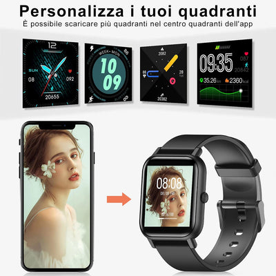 Smartwatch Uomo Donna,Orologio Fitness Con Contapassi Saturimetro (Spo2) Sonno Cardiofrequenzimetro Da Polso, Activity Tracker Sport Impermeabile 5ATM per Android Ios(2 Cinturini)