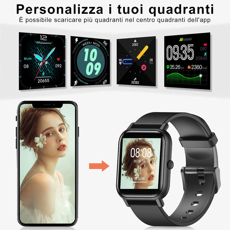 Smartwatch Uomo Donna,Orologio Fitness Con Contapassi Saturimetro (Spo2) Sonno Cardiofrequenzimetro Da Polso, Activity Tracker Sport Impermeabile 5ATM per Android Ios(2 Cinturini)