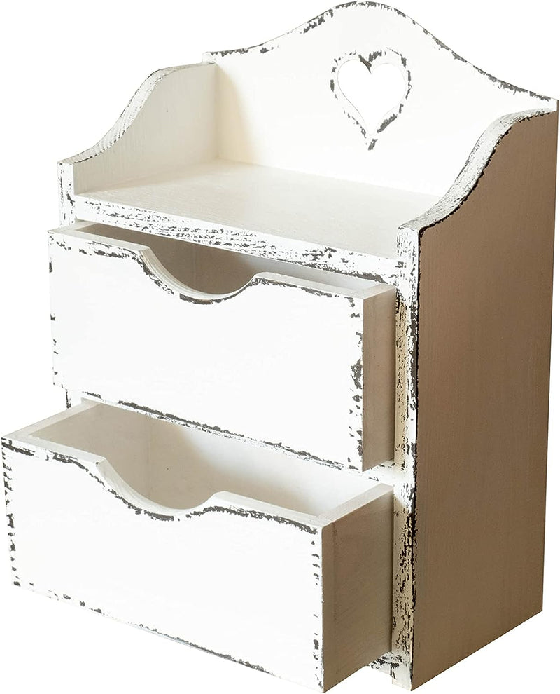 Mini Cassettiera in Legno Con Due Cassetti E Cuore – Bianco Shabby Chic Organizzatore in Legno Organizzatore Da Scrivania – Portagioie