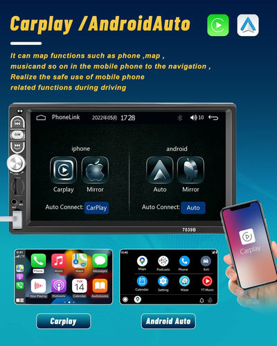 Autoradio 1Din Carplay Android Auto Stereo Auto Con 7 Pollici Schermo HD Touchscreen Radio Bluetooth Auto Con USB FM TF SWC Mirror Link (Retrocamera Inclusa)