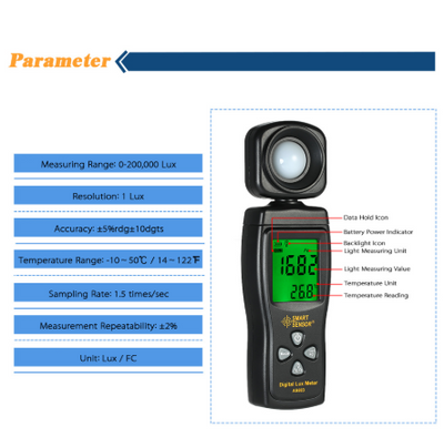 SMART SENSOR AS803 Mini Digital Lux Meter LCD Display Illuminometer UV Radiometers Photometer Luxmeter Light Meter 0-200000 Lux