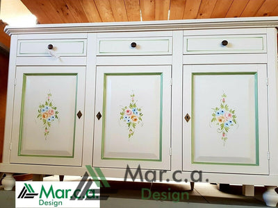 - Credenza Soggiorno, Base in Legno Di Pioppo Bianco Decorato Shabby Chic, Credenza Arte Povera, Mobile Soggiorno Con 3 Porte Made in Italy - Mis. 150X43X98H