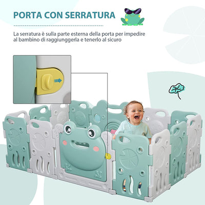 Recinto per Bambini Box Modulare 14 Pezzi, Porta Con Blocco E Giochi Integrati, Plastica PP, 154X154X62Cm, Verde