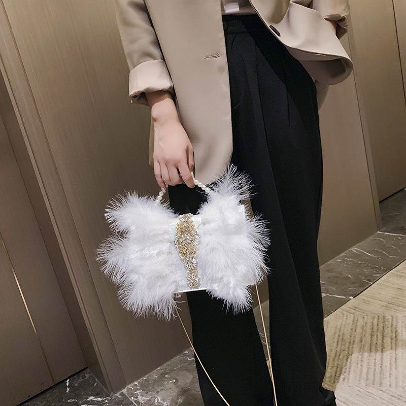 Pearl Chain Diamond-Studded Fur Dinner Plush Bag