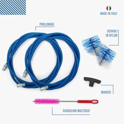 Kit per La Pulizia Della Stufa a Pellet - 2 Prolunghe Flessibili Blu Da 3 Metri (Totale 6 Metri), Curvatura Massima 90° - 2 Scovoli Standard in Nylon (1 Da 80Mm E 1 Da 100Mm)