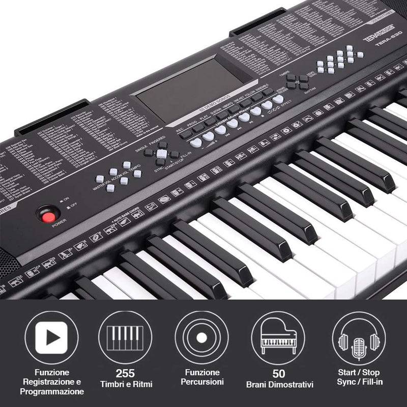 Tastiera Musicale Pianola Elettronica 61 Tasti Pianoforte Multifunzione Con 255 Ritmi 50 Brani Preimpostati Funzione Percussione Ingresso USB AUX E Leggio Porta Spartito E Tablet