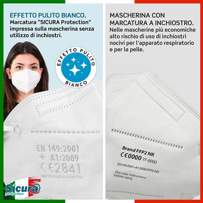 50 Mascherine FFP2 Certificate CE Made in Italy SICURA BFE ≥99% Mascherina Produzione Italiana E Sanificata EN 149:2001+A1:2009