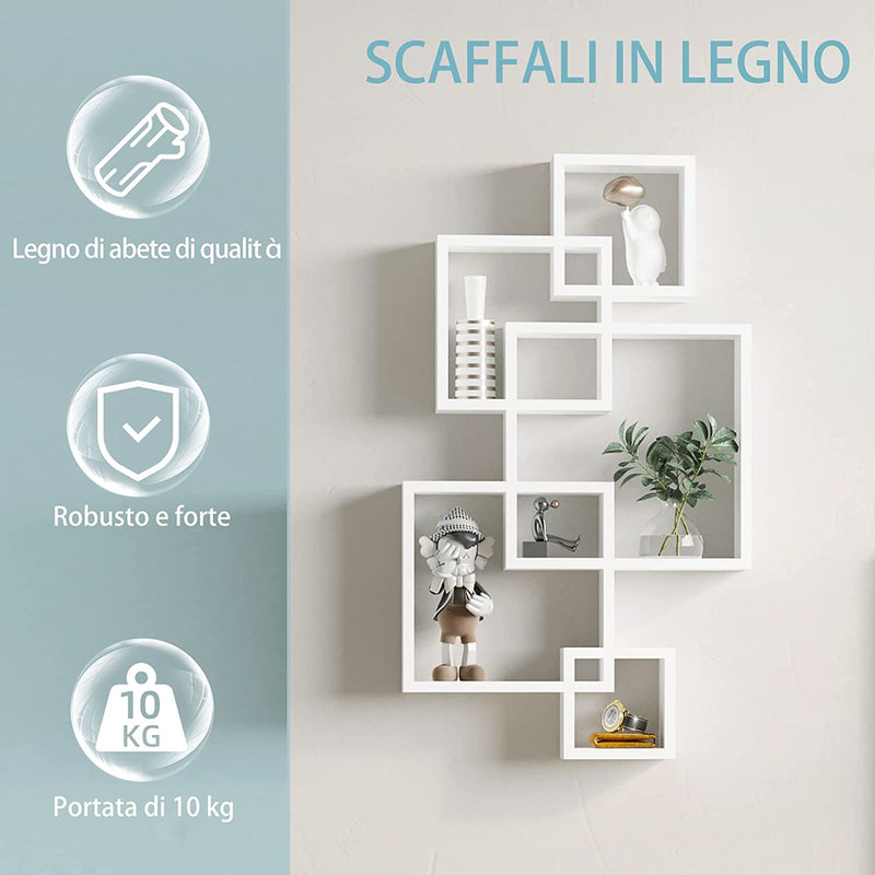 Scaffale Moderna a Parete Con 5 Cubi Intrecciati, per Ufficio, Soggiorno E Salotto, 49.5X10.2X86Cm, Bianco