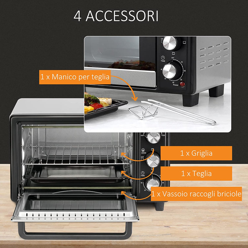 Fornetto Elettrico 16L Temperatura Regolabile E Timer, 3 Metodi Di Cottura E Accessori Inclusi, 1400W, 50X36X35Cm, Argento Nero