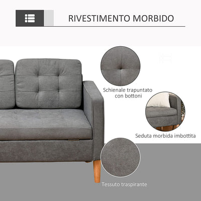 Divano 3 Posti Moderno in Tessuto Grigio Con Vano Contenitore E Design Scandinavo, Grigio, 166.5X62X82Cm