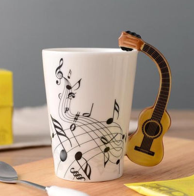 Coffee Cup with Music Notes in the Form of Saxophone Handle Ceramic Porcelain Cup of Tea Milk Method