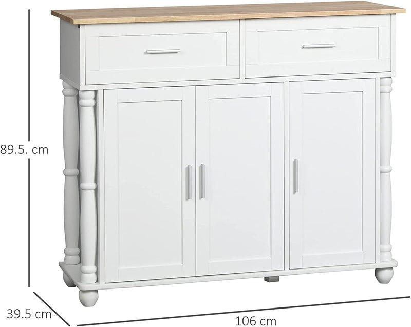 Isola per Cucina in MDF E Legno Di Pino Con 2 Cassetti, 2 Armadietti E Ripiani Interni Regolabili in 3 Posizioni, 106X39.5X89.5 Cm, Bianco