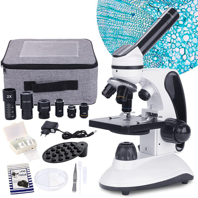 Microscopio Monoculare 40X-2000X per Studenti Adulti,Microscopio Professionale per Principianti Con Doppia Illuminazione a LED Con Kit,Lenti in Vetro Ottico,Custodia per Il Trasporto,15 Diapositive