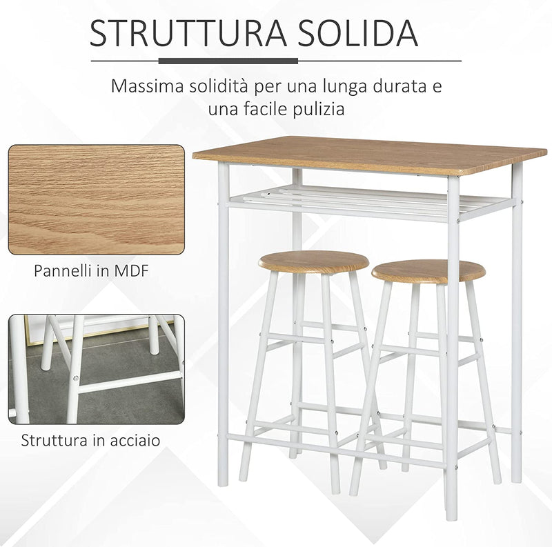 Set Bancone Bar Con 2 Sgabelli Alti in Legno Stile Nordico, Tavolo Alto Con Mensola E Sgabelli Cucina Con Poggiapiedi, Bianco