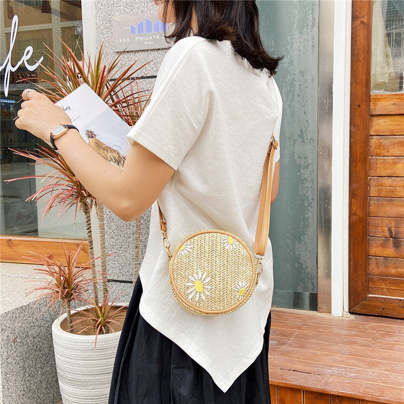 Straw Woven Bag for Women Red Sand Beach Small round Bag Embroidered Single Shoulder Cross over Knitting