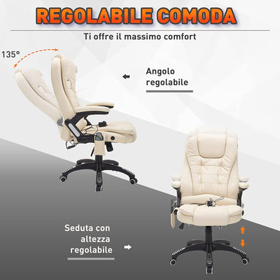 Poltrona Da Gaming Massaggiante, Sedia Da Ufficio Girevole Con Riscaldamento Ecopelle, Altezza Regolabile 62 X 68 X 111-121Cm Beige