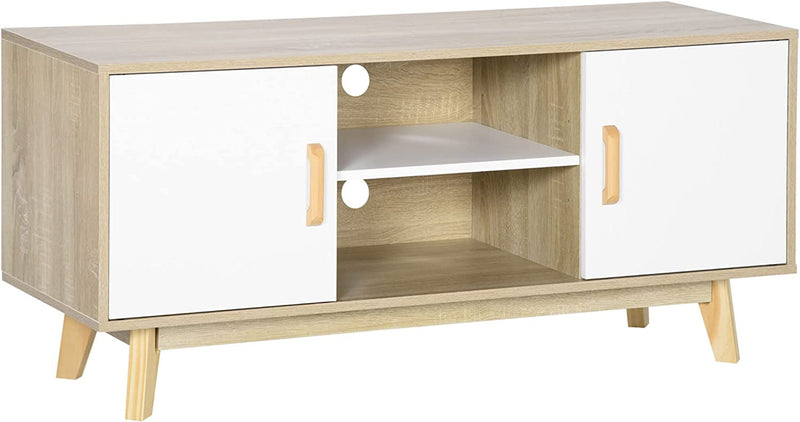 Mobile TV Moderno Con Armadietti E Vani Aperti, Mobiletto Basso in Legno per TV Fino 55", 120X40X55Cm, Legno Naturale E Bianco