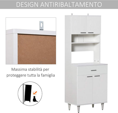 Credenza Alta Da Cucina, Madia Classica Bianca in Legno Con 2 Armadietti E 1 Mensola, Bianco, 60X40X160Cm