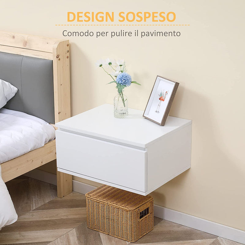 Set 2 Pz Comodino Moderno Con Cassetto E Design Sospeso per Camera Da Letto E Soggiorno, in Truciolato E MDF, 49X38X23Cm, Bianco