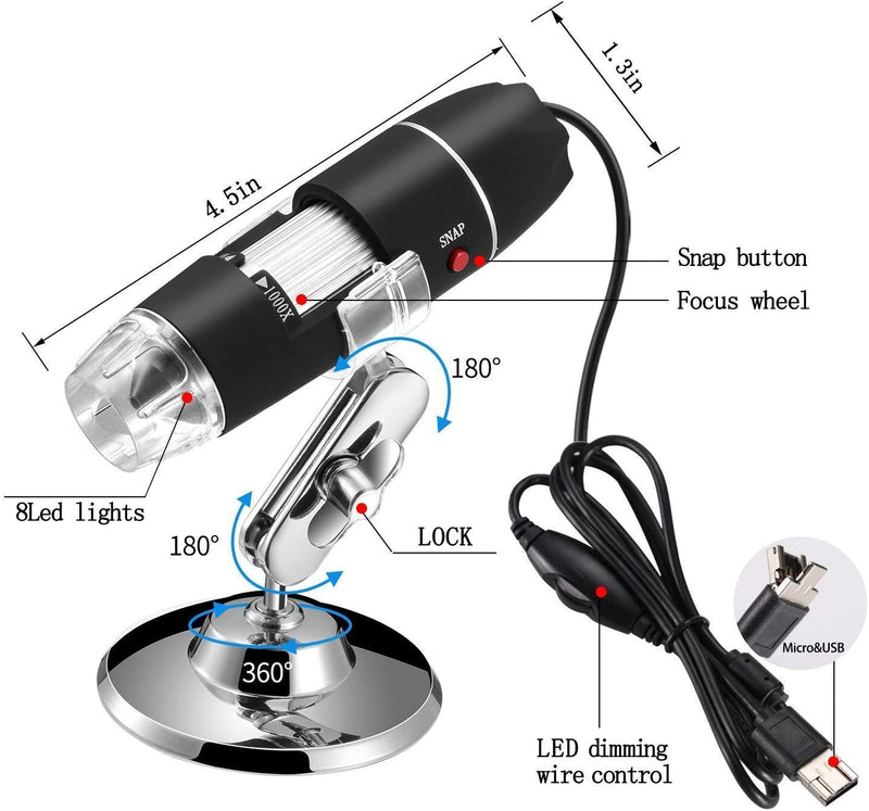 40 a 1000 X Ingrandimento USB Microscopio Digitale Endoscopio, 8 LED USB 2.0, Mini Videocamera Con Adattatore OTG E Metallo Supporto, Compatibile Con Mac E Windows 7 8 10 11 Android Linux