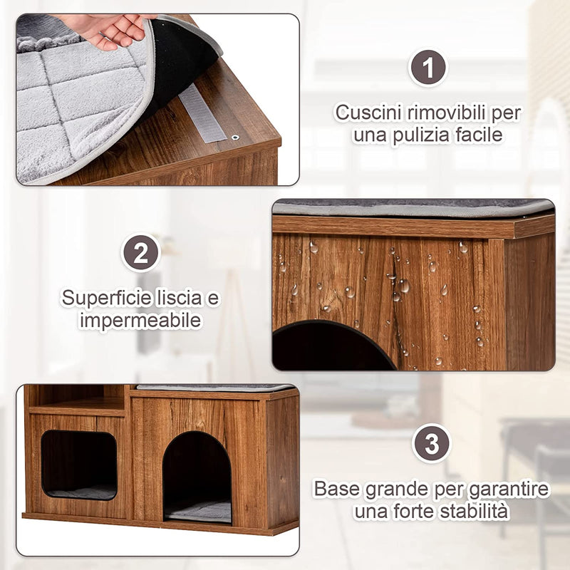 Tiragraffi per Gatti in Legno, Tiragraffi per Gatti Con Amaca, Cuccia, Piattaforme, Ripiani, Tiragraffi E Cuscini Morbidi, Con Portata Di 20 Kg, 69 X 39 X 81Cm, Marrone