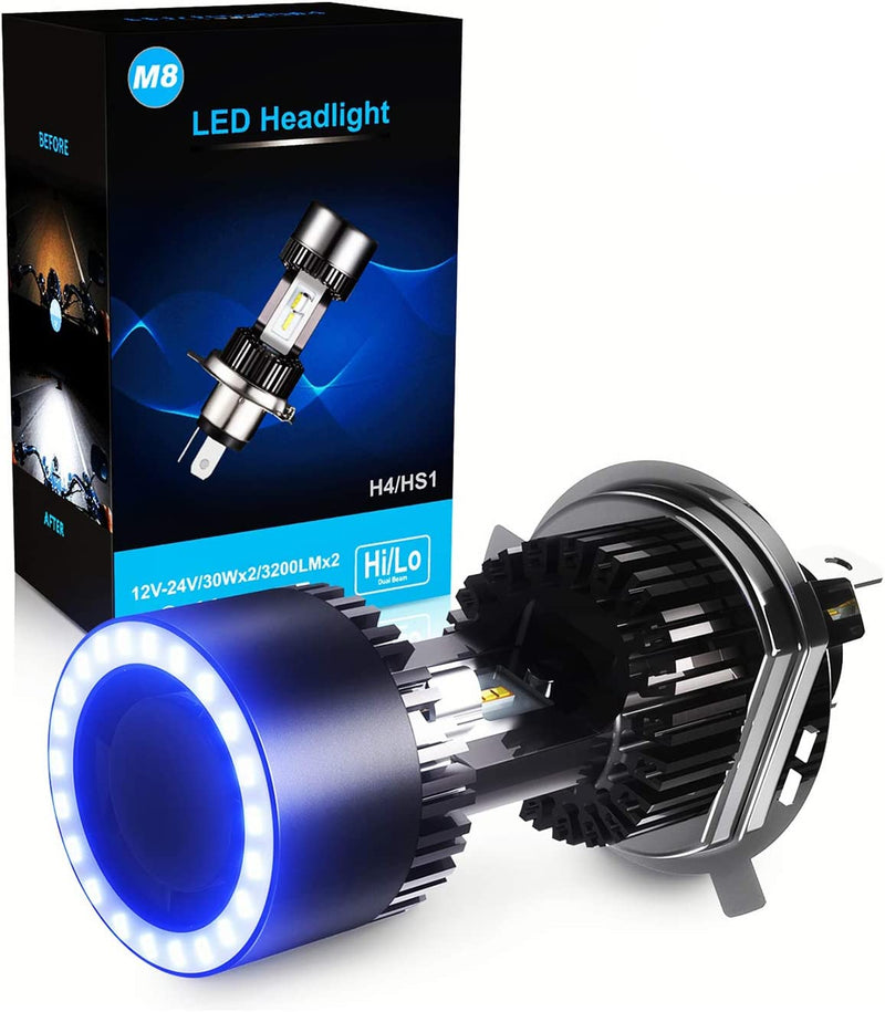 Lampadina H4 LED per Moto Con Occhi Angelo, 6400LM, DC 12V 6000K, 1 Lampada