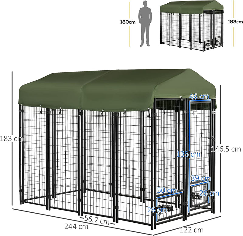 Kennel per Cani in Acciaio per Interni Ed Esterni Con Tettuccio in Tessuto Oxford E 2 Ciotole, 244X122X183 Cm, Nero E Verde Scuro