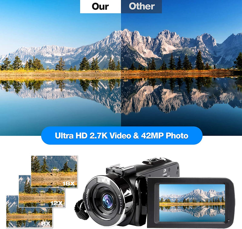 2.7K HD Digital Camcorder per Adolescenti/Studenti/Bambini,268X1520P Videocamera Beginner per Youtube Vlog