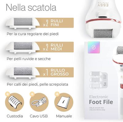 Pedicure Elettrico Professionale Piedi, Talloni Screpolati Lima Togli Calli Pelle Secca Dura Esfoliante Kit per Duroni Con 5 Rulli Ricambio Electric Foot File