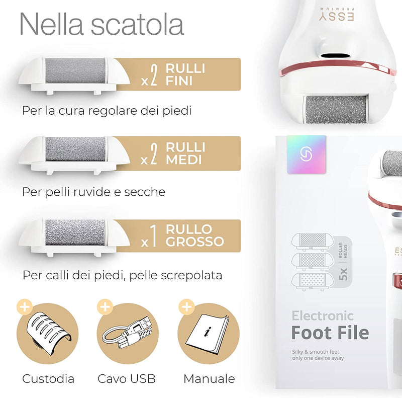 Pedicure Elettrico Professionale Piedi, Talloni Screpolati Lima Togli Calli Pelle Secca Dura Esfoliante Kit per Duroni Con 5 Rulli Ricambio Electric Foot File