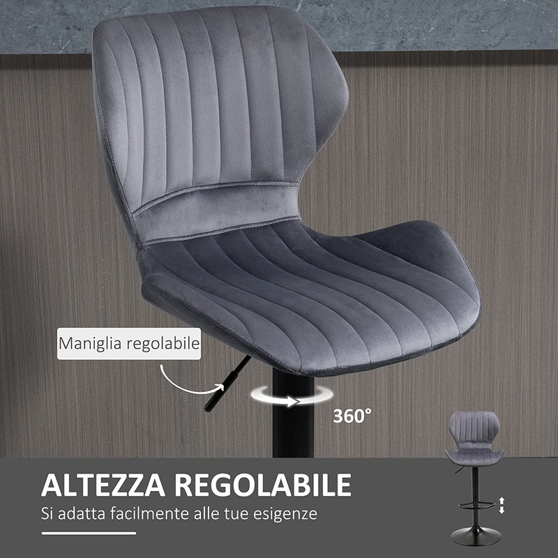 Set Di 2 Sgabelli Da Bar Alti in Velluto Imbottiti Con Altezza Regolabile, Sgabelli Cucina Girevoli Con Schienale E Poggiapiedi, 47X51.5X94-114Cm Grigio