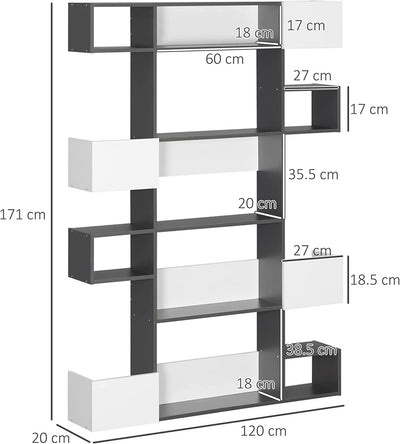 Libreria Moderna a 5 Livelli Con 8 Ripiani Aperti E Design Sfalsato, in Pannelli Di Truciolato, 120X20X171 Cm, Grigia E Bianca