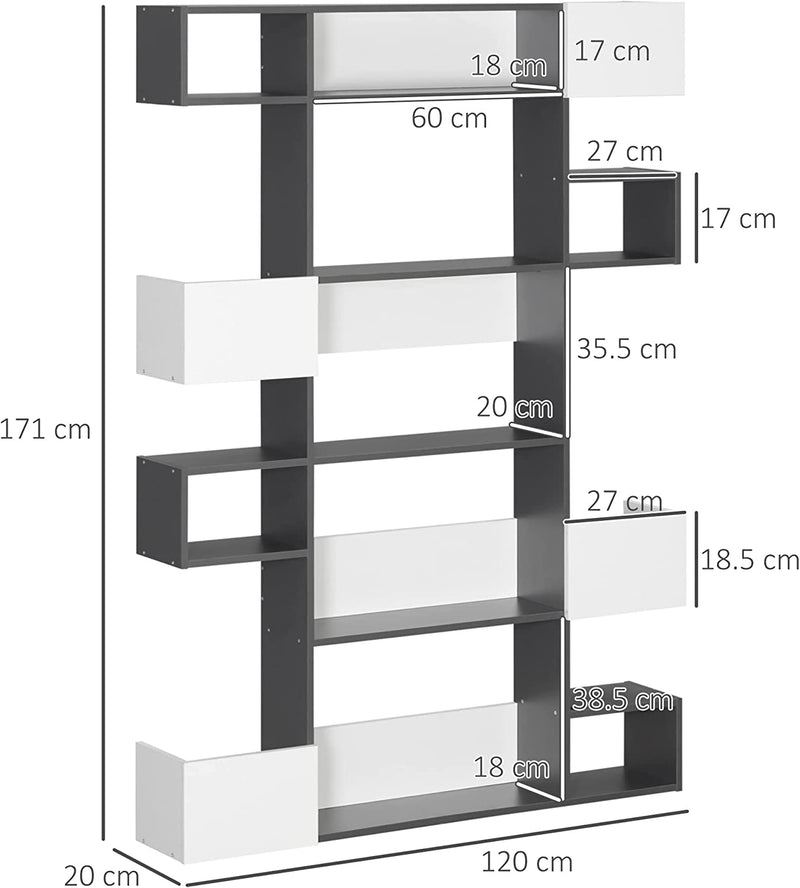 Libreria Moderna a 5 Livelli Con 8 Ripiani Aperti E Design Sfalsato, in Pannelli Di Truciolato, 120X20X171 Cm, Grigia E Bianca