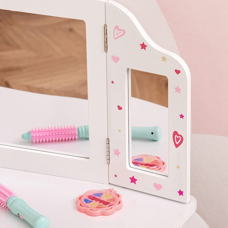 Kids Vanity Table & Stool Girls Dressing Set Make up Desk Chair Dresser Play Set with Rotatable Mirrors Drawer Star & Heart Pattern White