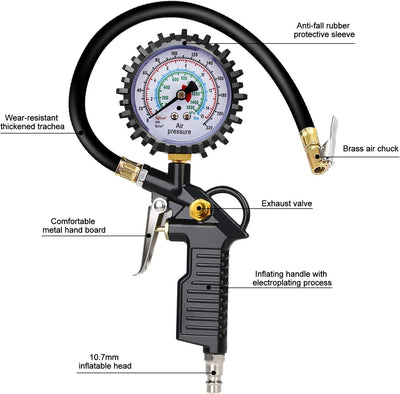 Manometro per Pneumatici 220PSI Pistola Digitale per Pneumatici E Compressore Con 4 Tappi Valvola 2 Ugelli 1 Valvola Francese 1 Stelo Di Prolunga in Metallo 90 Gradi