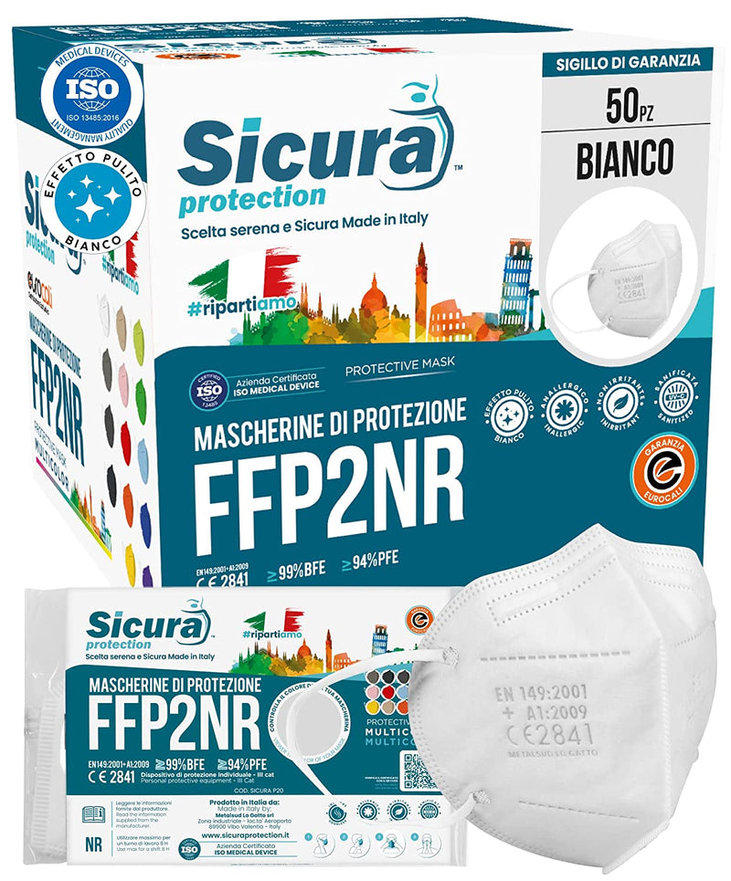 50 Mascherine FFP2 Certificate CE Made in Italy SICURA BFE ≥99% Mascherina Produzione Italiana E Sanificata EN 149:2001+A1:2009